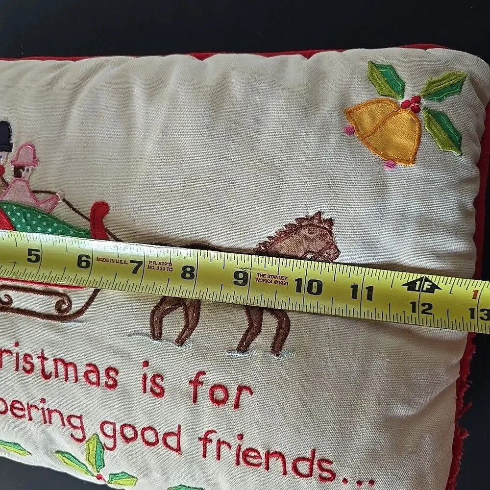 Vintage Silvestri Christmas Pillow Embroidered Applique Sleigh Horse Bells Holly